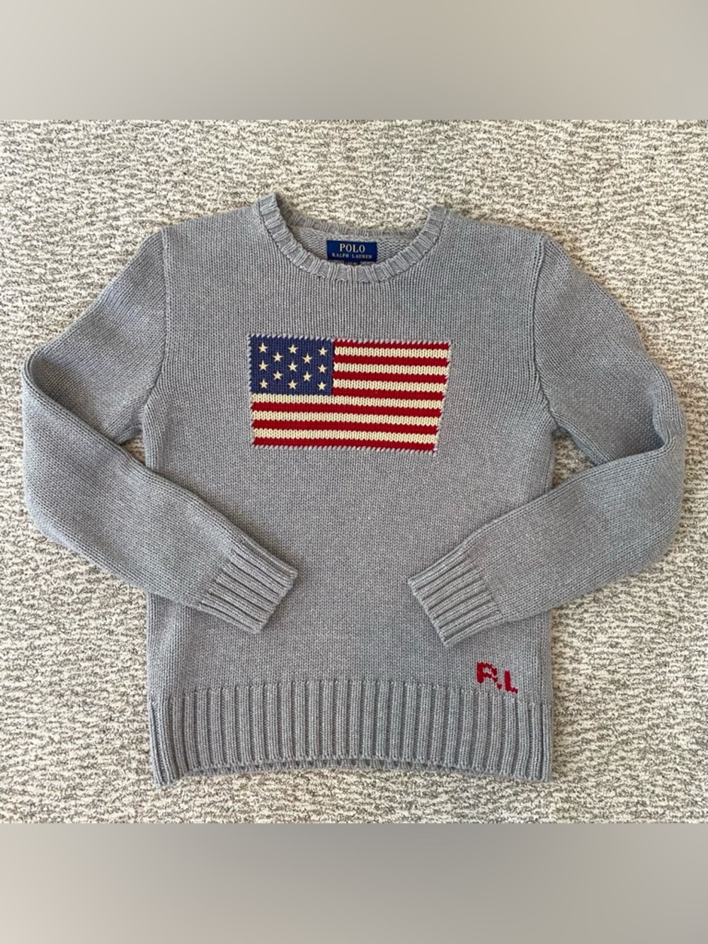 Polo Ralph Lauren Gray American Flag Sweater 100% Cotton Women’s XS Youth 16 - Picture 3 of 10
